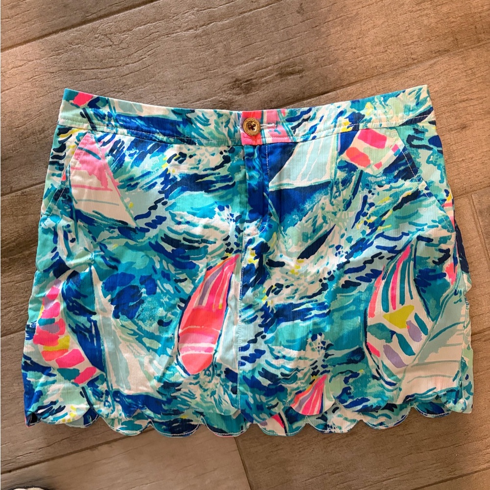 Scalloped Hem Tropical Print Skort- Blue & Pink